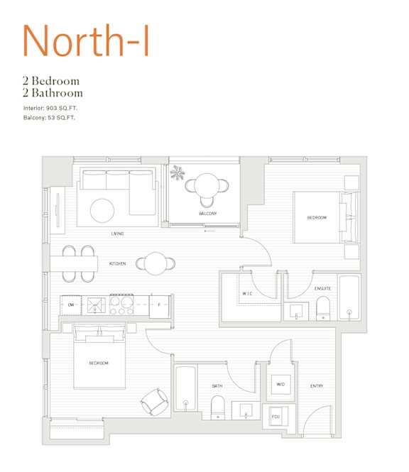 A floor plan of a North-I apartment with 2 bedrooms and 2 bathrooms.