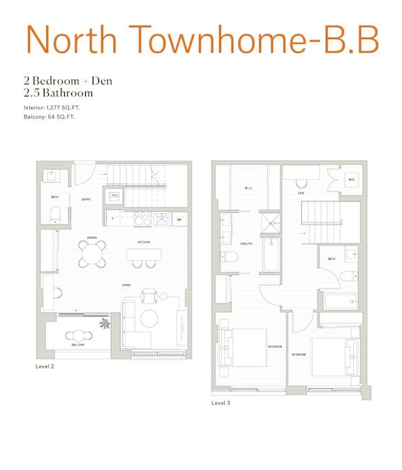 A floor plan for a North Townhome-B.B with two bedrooms and a den.