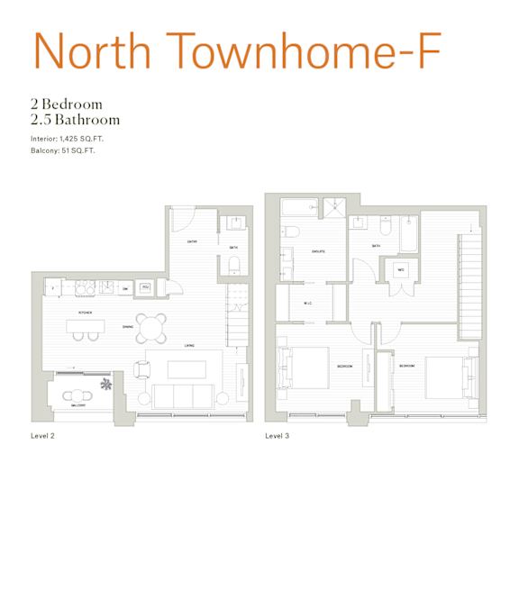 A floor plan for the North Townhome-F, a 2 bedroom, 2.5 bathroom apartment with an interior of 1425 square feet and a balcony of 51 square feet.