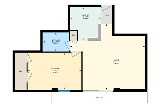 Floor Plan  A floor plan of a house with a living room, kitchen, bathroom, and balcony.