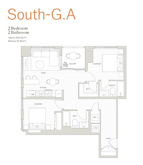 A floor plan of a 2 bedroom 2 bathroom apartment.