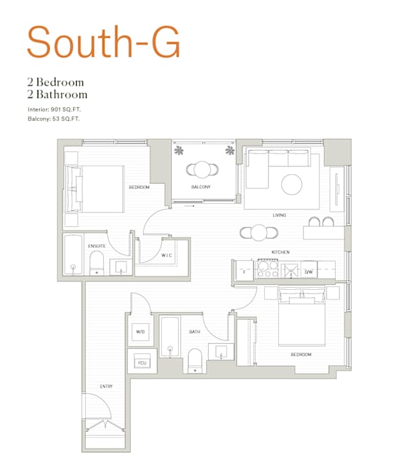 A floor plan of a South-G apartment with 2 bedrooms and 2 bathrooms.