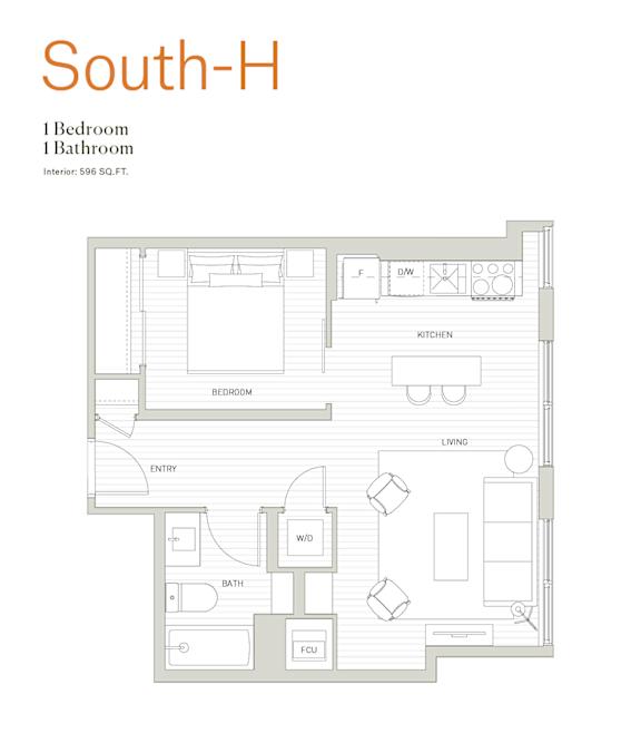 A floor plan of a South-H apartment with one bedroom and one bathroom.