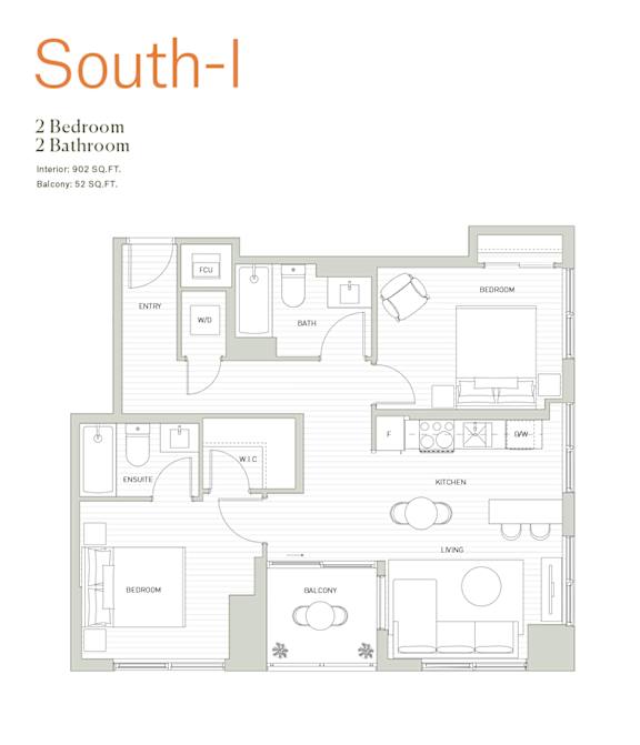 A floor plan of a South-I apartment with two bedrooms and two bathrooms.