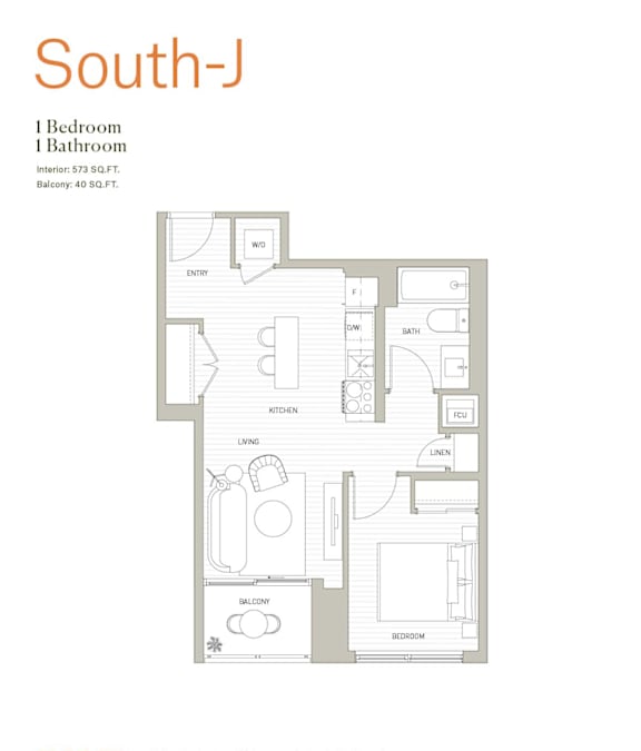 A floor plan of a one bedroom one bathroom apartment.