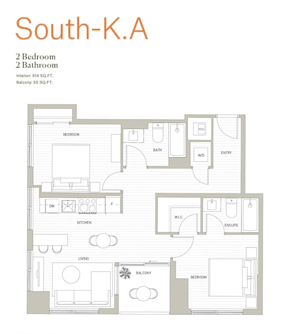 A floor plan of a South-K.A apartment with two bedrooms and two bathrooms.