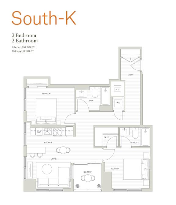 A floor plan of a South-K apartment with 2 bedrooms and 2 bathrooms.
