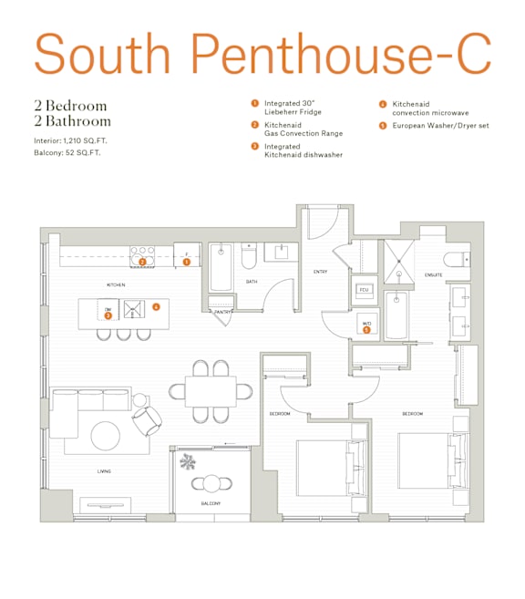 Floor Plan  A floor plan of a South Penthouse with 2 bedrooms and 2 bathrooms.