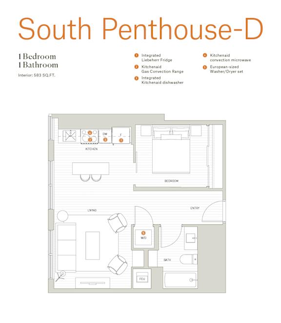 A floor plan of a South Penthouse-D with a kitchen, living room, and bathroom.