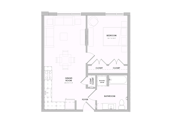 A floor plan of a house with a bedroom, two closets, a bathroom, and a foyer.