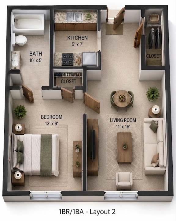 A 1BR/1BA apartment layout with a kitchen, living room, bedroom, bathroom, and closet.