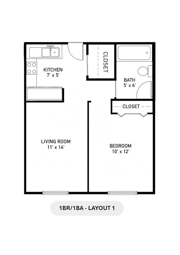 A black and white image of a 1BR/1BA apartment layout.