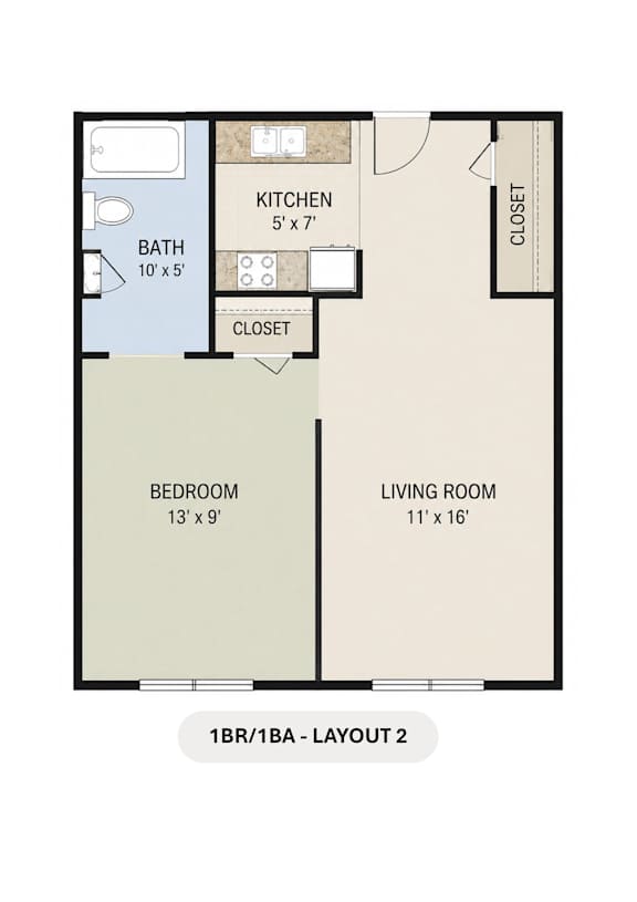 A floor plan of a 1 bedroom 1 bathroom apartment.