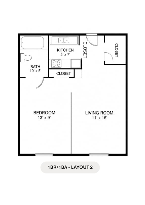 A floor plan of a 1BR/1BA apartment layout 2.