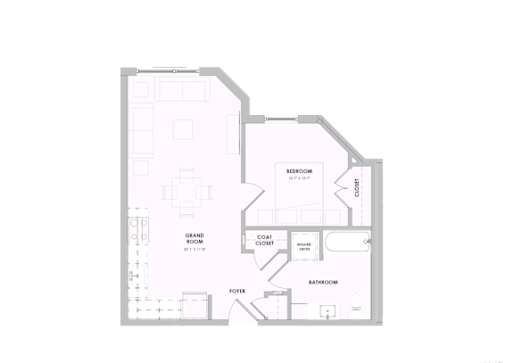 A floor plan of a house with a grand bedroom, bathroom, and foyer.