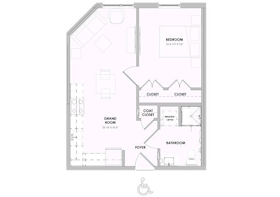 A floor plan of a house with a bedroom, two closets, a coat closet, a grand room, a bathroom, and a foyer.