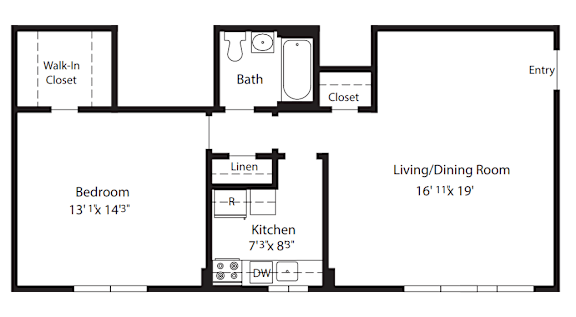 A floor plan of a small apartment with a bedroom, living/dining room, kitchen, and bathroom.