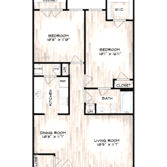 Floor Plan  A floor plan of a house with two bedrooms, a living room, a dining room, a kitchen, a bathroom, and a closet.