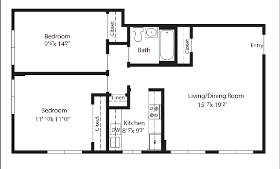 A floor plan of a small apartment with two bedrooms, a living/dining room, and a kitchen.