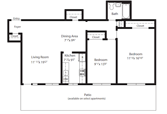 A floor plan of an apartment with a living room, dining area, kitchen, and two bedrooms.