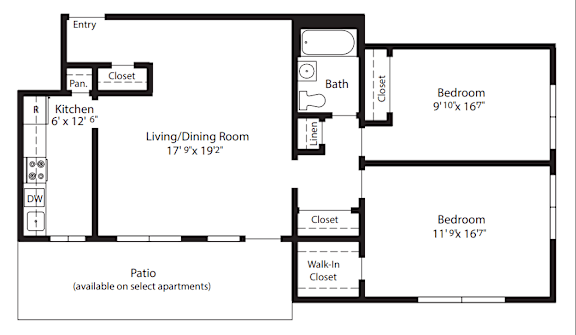 A black and white image of a floor plan for an apartment.