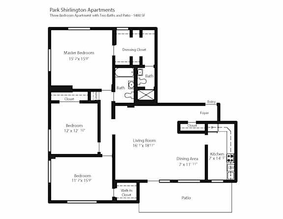 A floor plan of a three bedroom apartment with two baths and patio.