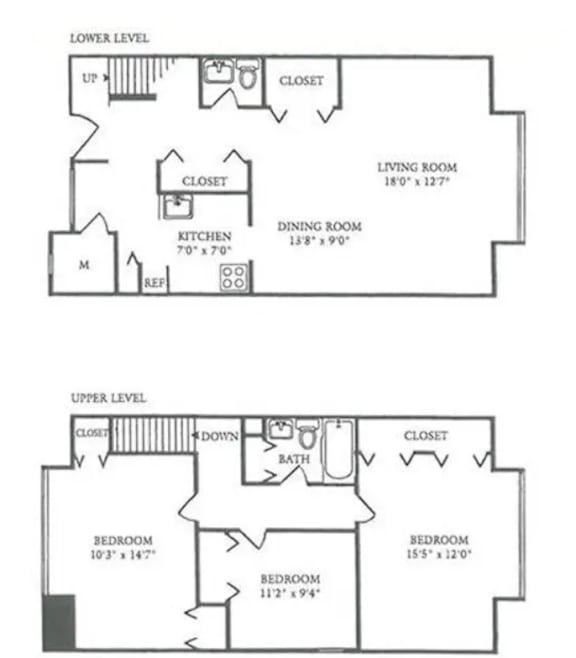 A floor plan shows a lower level with a living room, dining room, kitchen, and closet, and an upper level with a bedroom, bathroom, and closet.