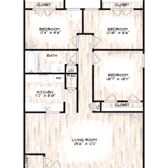 A floor plan of a house with two bedrooms, a bathroom, a kitchen, a living room, and closets.