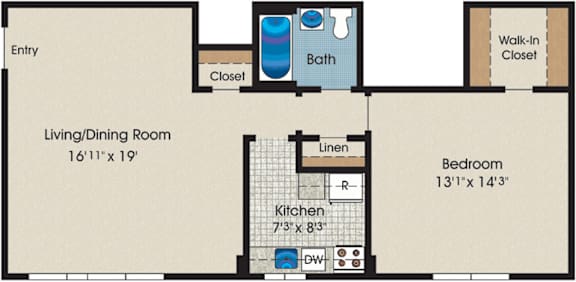 A floor plan of a small apartment with a living/dining room, kitchen, and bedroom.