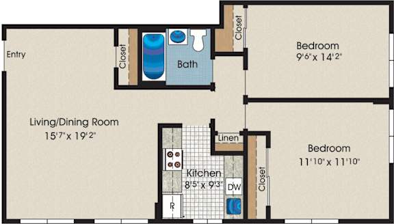 A floor plan of a small apartment with a living room, dining room, kitchen, and two bedrooms.