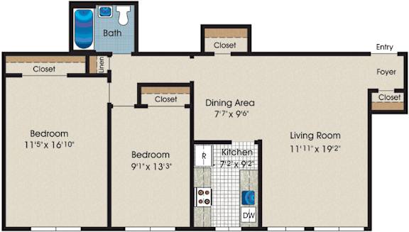 A floor plan of a living space with a dining area, two bedrooms, a kitchen, and a bathroom.