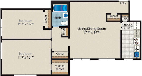 A floor plan of a home with two bedrooms, a living/dining room, kitchen, bath, and entry.