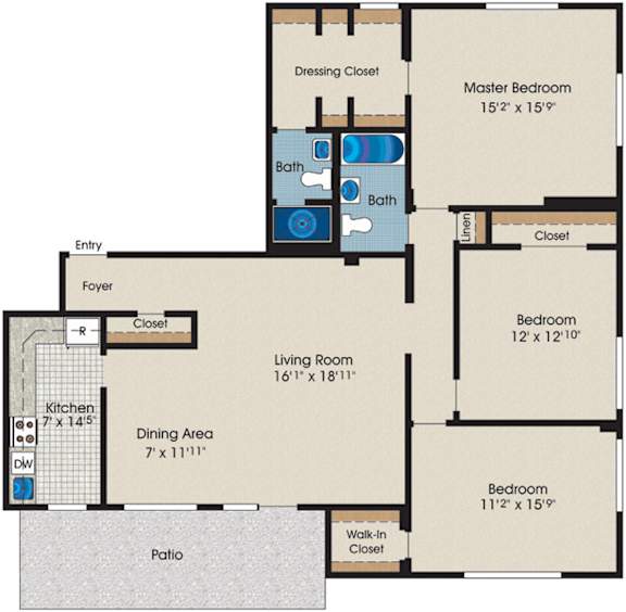 A floor plan of a house with a living room, two bedrooms, a kitchen, and a dining area.