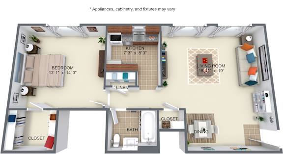 A floor plan of a small apartment with a kitchen, living room, and bathroom.