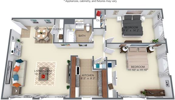 A floor plan of an apartment with a living room, kitchen, dining room, and two bedrooms.
