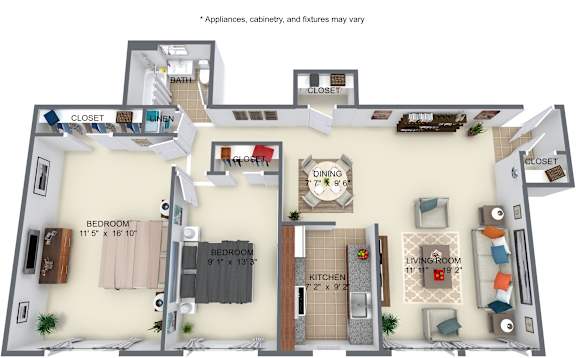 A 3D rendered image of a house layout with a living room, kitchen, dining room, and two bedrooms.