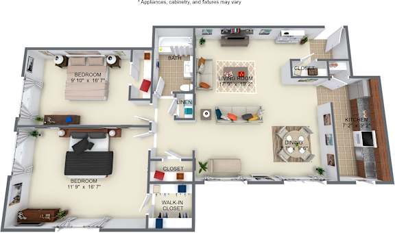 A floor plan of a house with two bedrooms, a living room, a dining room, a kitchen, and a walk-in closet.