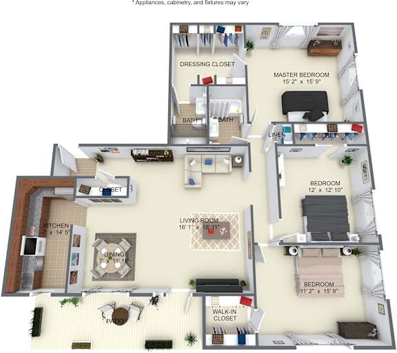 A floor plan of an apartment with a living room, kitchen, and three bedrooms.