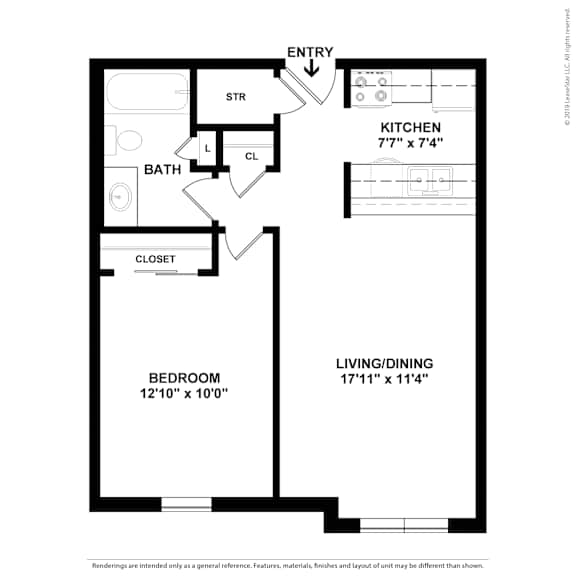 A black and white image of a floor plan for a small apartment.