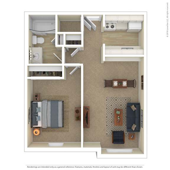 A floor plan of a small apartment with a bedroom, living room, and kitchen.