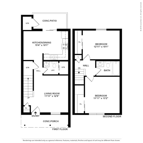 A black and white drawing of a two story house plan.