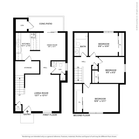 A black and white image of a two-story house floor plan.