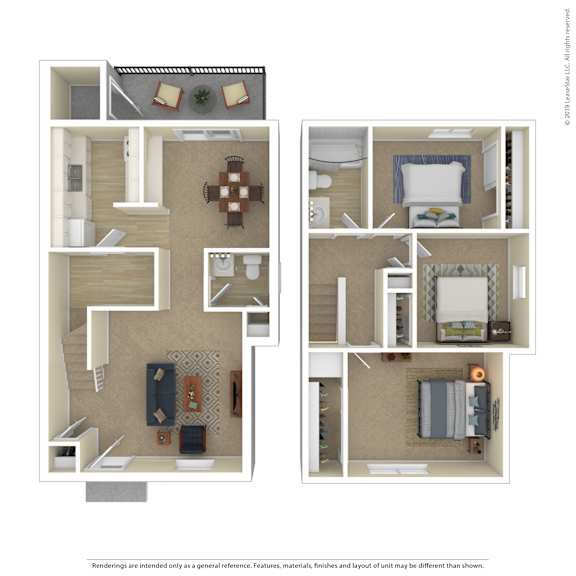 A floor plan of a two-bedroom apartment with a living room, kitchen, and bathroom.