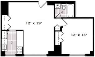 A floor plan of a room with dimensions and a bathroom area.
