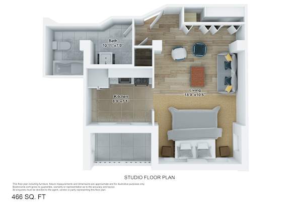 A floor plan of a studio apartment with a living room, kitchen, and bathroom.