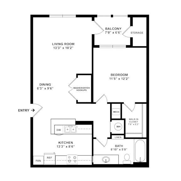 A black and white image of a floor plan for a small apartment.