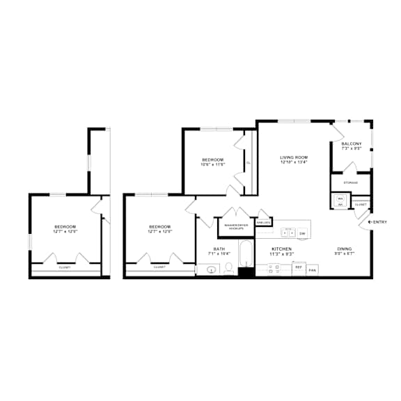 A black and white floor plan of a two bedroom apartment.