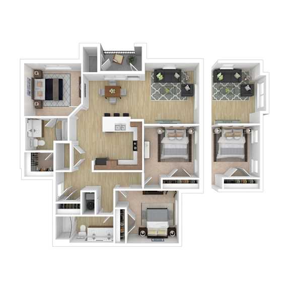 Floor Plan  A 3D floor plan of a house with two bedrooms, a living room, a kitchen, and a bathroom.