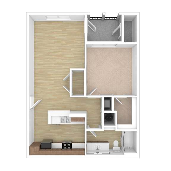 A diagram of a house layout with a kitchen, living room, and bathroom.