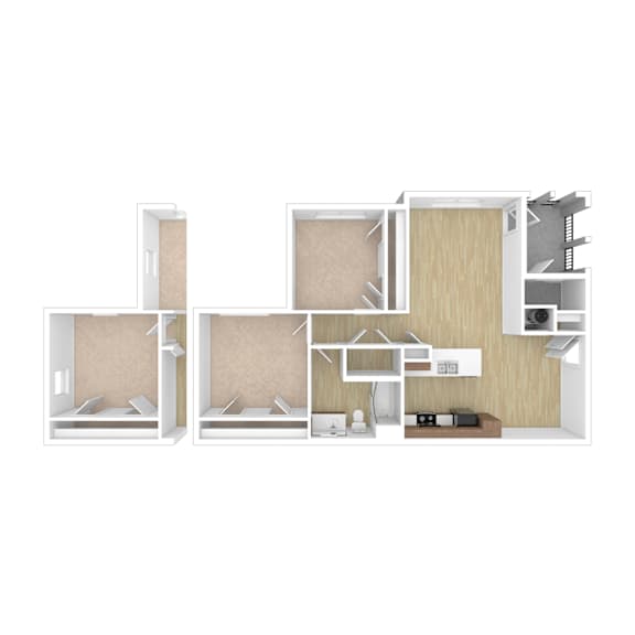 A drawing of a house with a kitchen, living room, and two bedrooms.